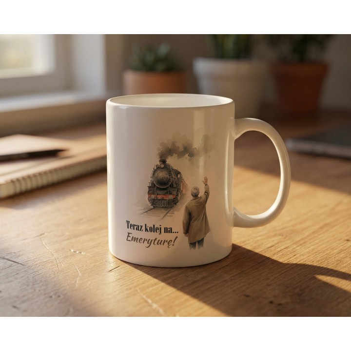 Kubek na emeryturę z lokomotywą „Teraz kolej…”