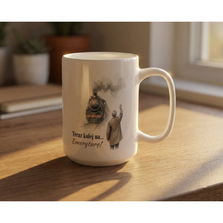 Kubek na emeryturę z lokomotywą „Teraz kolej…”