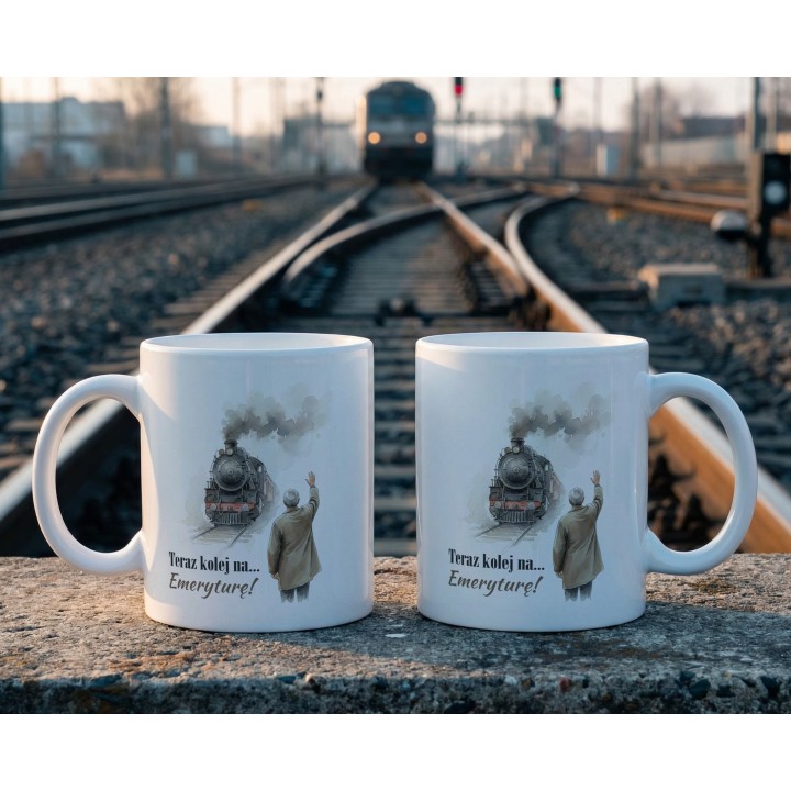 Kubek na emeryturę z lokomotywą „Teraz kolej…”