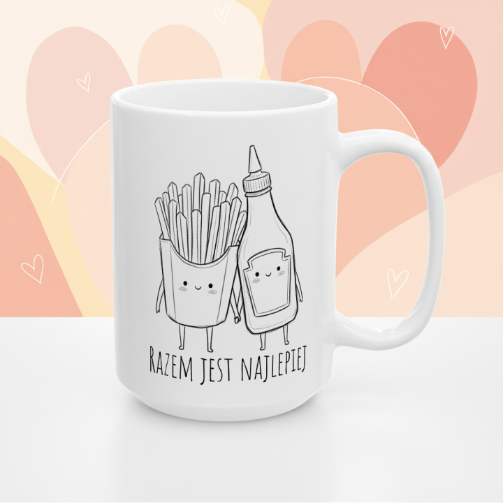 Kubek z napisem „Razem jest najlepiej” – frytki i ketchup