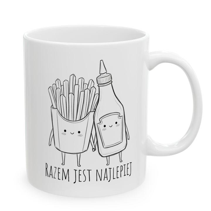 Kubek z napisem „Razem jest najlepiej” – frytki i ketchup
