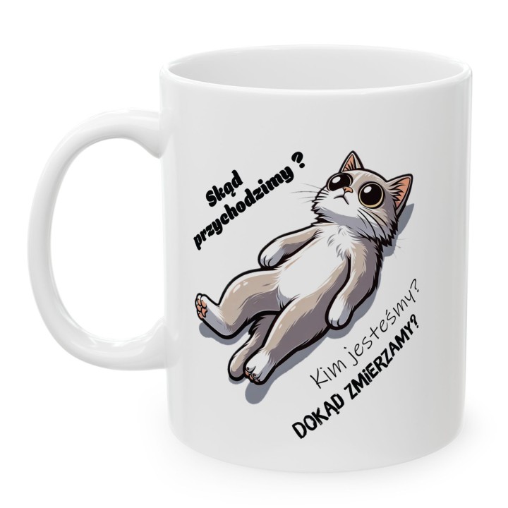 Kubek z kotem i egzystencjalnym tekstem – idealny prezent dla miłośników kotów