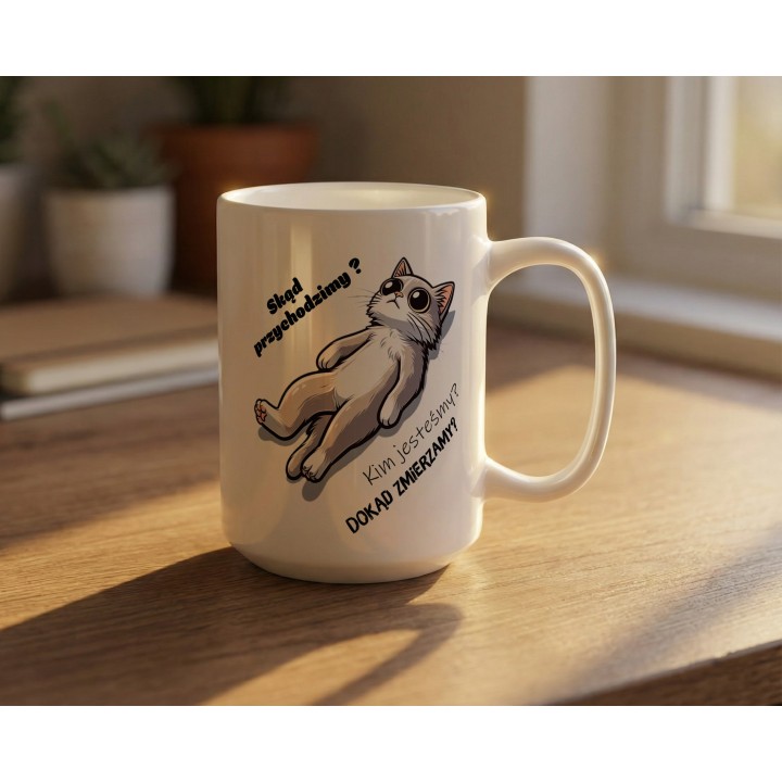 Kubek z kotem i egzystencjalnym tekstem – idealny prezent dla miłośników kotów