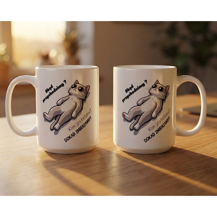 Kubek z kotem i egzystencjalnym tekstem – idealny prezent dla miłośników kotów