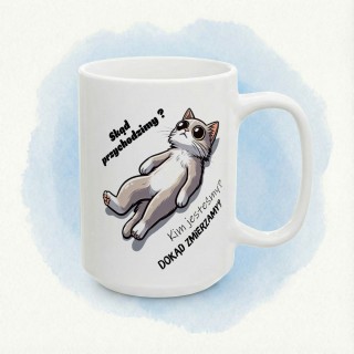 Kubek z kotem i egzystencjalnym tekstem – idealny prezent dla miłośników kotów