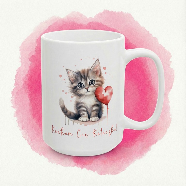 Kubek z nadrukiem kotka „Kocham Cię Koteczku!” – romantyczny prezent