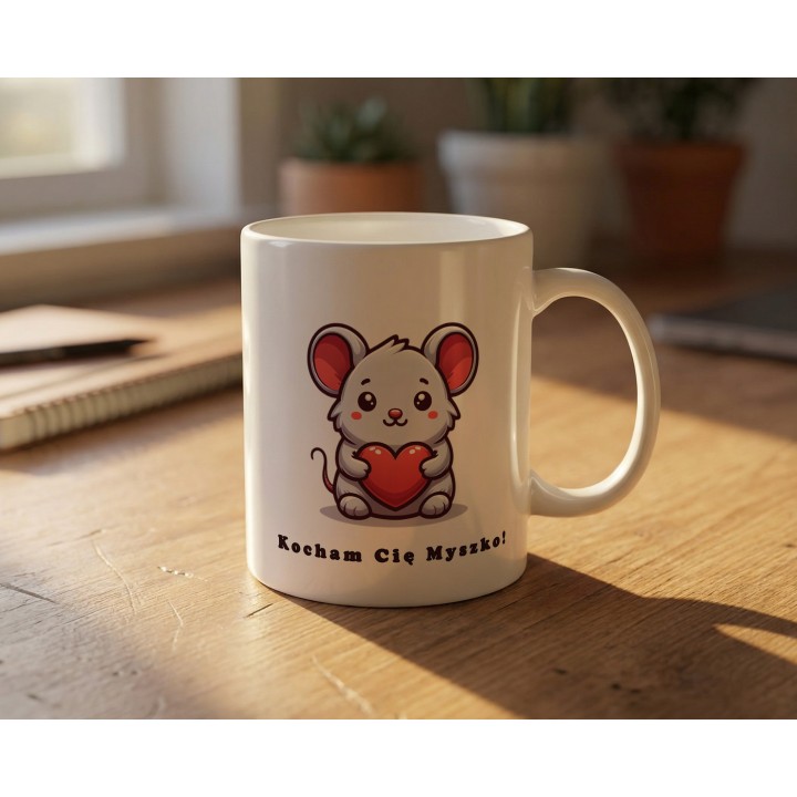 Kubek z nadrukiem „Kocham Cię Myszko!” – myszka z sercem na prezent
