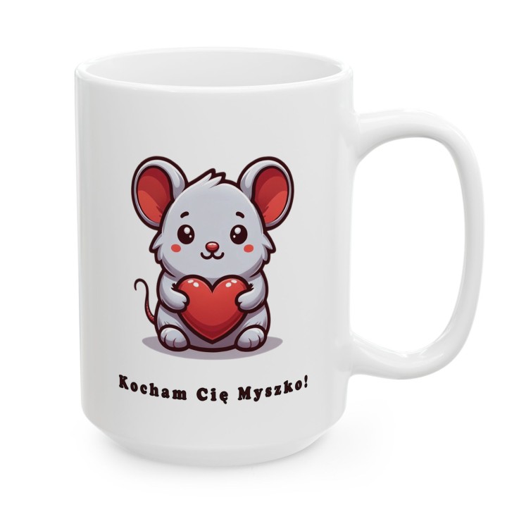 Kubek z nadrukiem „Kocham Cię Myszko!” – myszka z sercem na prezent