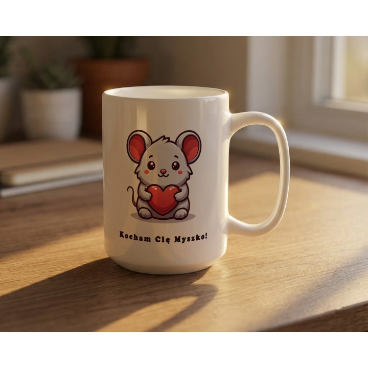Kubek z nadrukiem „Kocham Cię Myszko!” – myszka z sercem na prezent