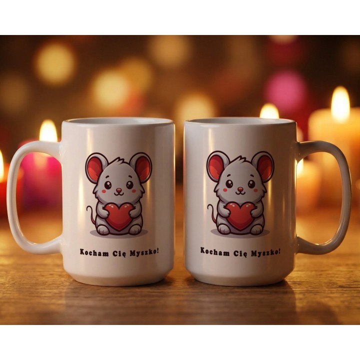 Kubek z nadrukiem „Kocham Cię Myszko!” – myszka z sercem na prezent