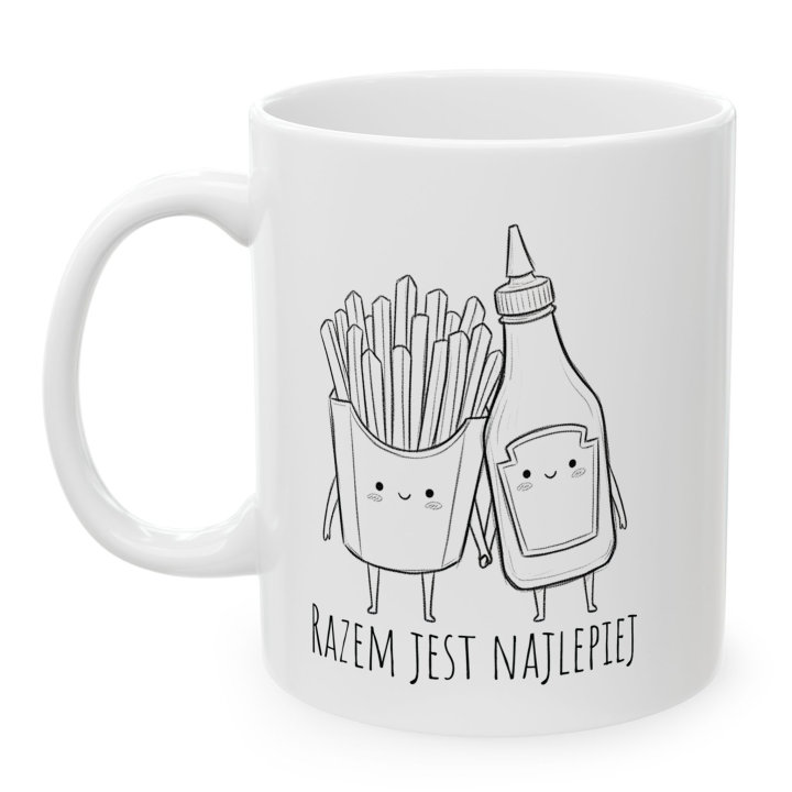 Kubek z napisem „Razem jest najlepiej” – frytki i ketchup