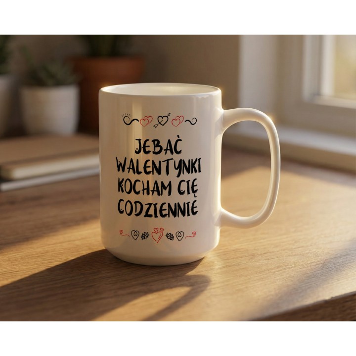 Kubek z napisem „Jebać Walentynki, kocham Cię codziennie” – prezent dla pary