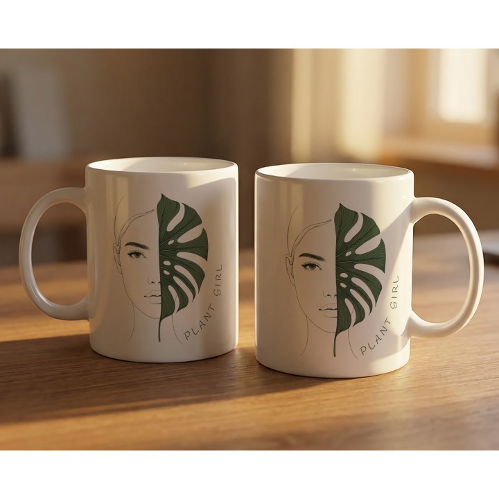 Kubek „Plant Girl” z monsterą – minimalistyczny kubek z napisem dla miłośniczki roślin