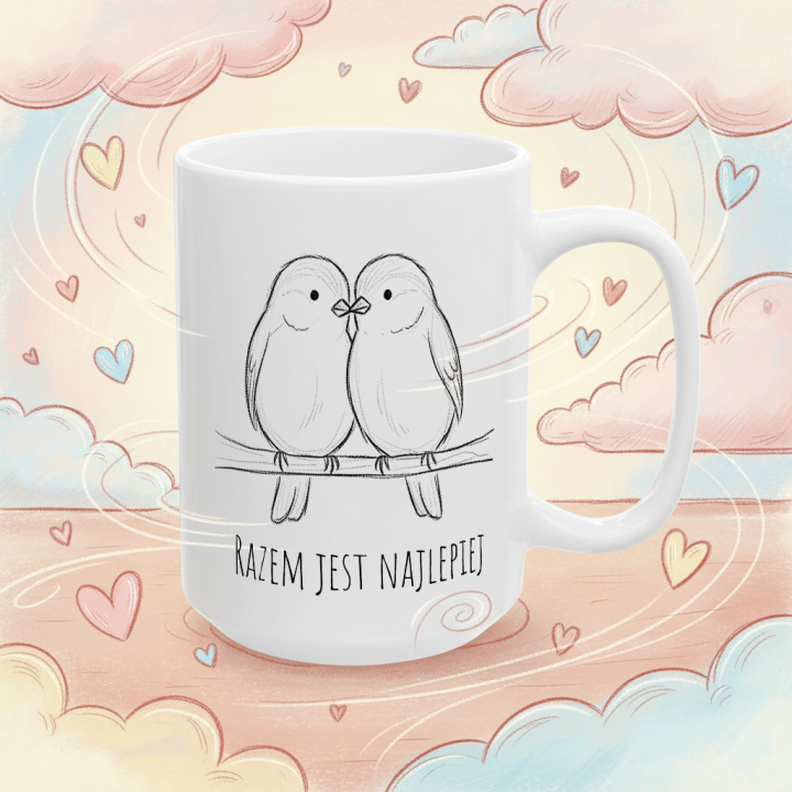 Kubek z nadrukiem dla pary – ptaszki „RAZEM JEST NAJLEPIEJ”