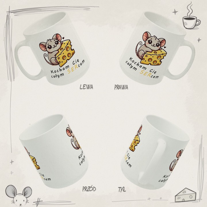 Kubek z nadrukiem myszka i ser „Kocham Cię całym SERcem” – prezent na Walentynki