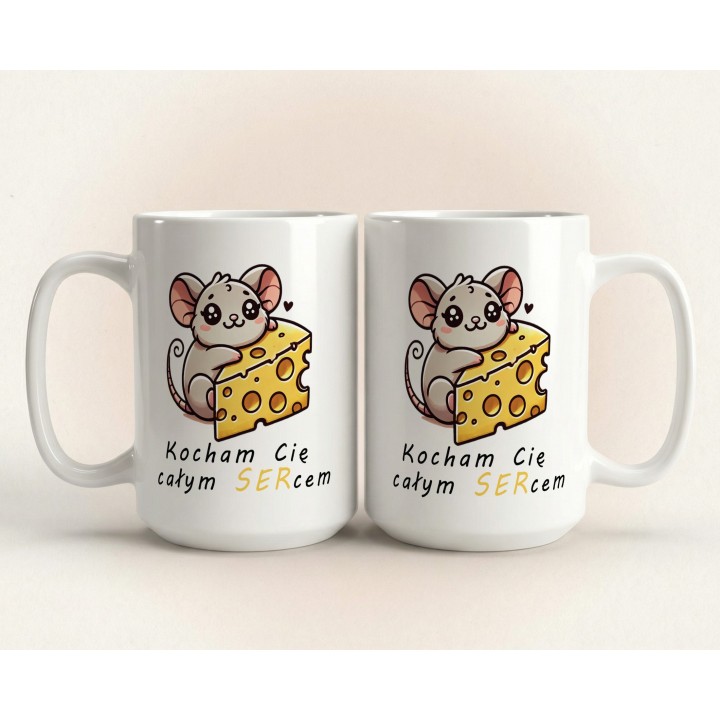 Kubek z nadrukiem myszka i ser „Kocham Cię całym SERcem” – prezent na Walentynki