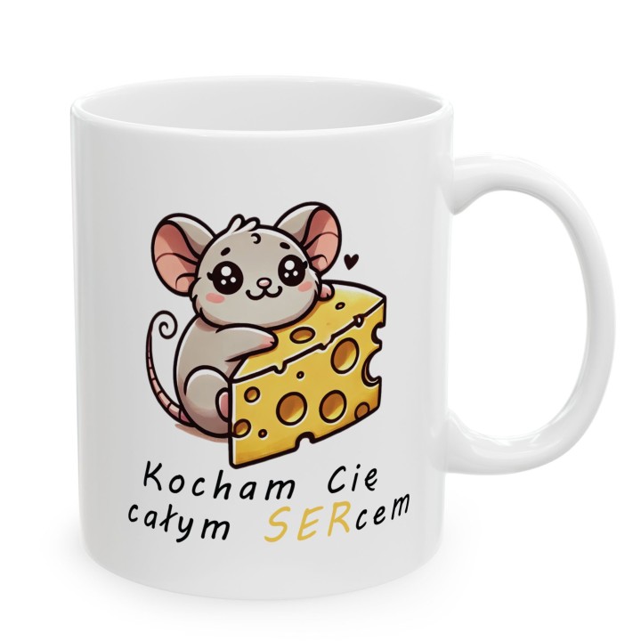 Kubek z nadrukiem myszka i ser „Kocham Cię całym SERcem” – prezent na Walentynki