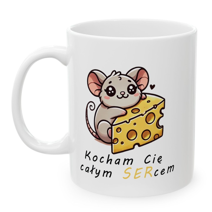 Kubek z nadrukiem myszka i ser „Kocham Cię całym SERcem” – prezent na Walentynki