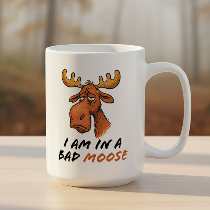 Kubek z nadrukiem łosia „I AM IN A BAD MOOSE” – śmieszny kubek do biura i na prezent