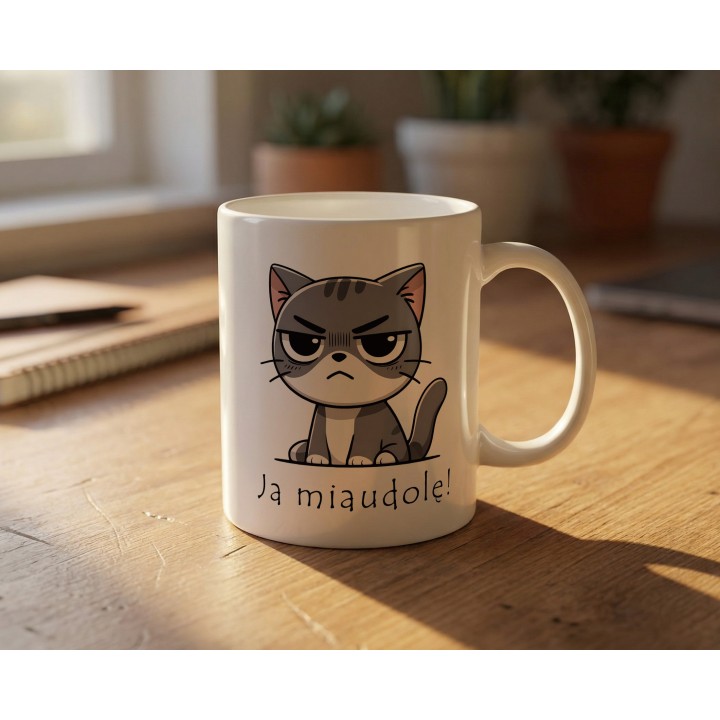 Kubek z nadrukiem kota „Ja miaudole!” – śmieszny kubek dla kociarzy do biura