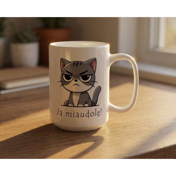 Kubek z nadrukiem kota „Ja miaudole!” – śmieszny kubek dla kociarzy do biura
