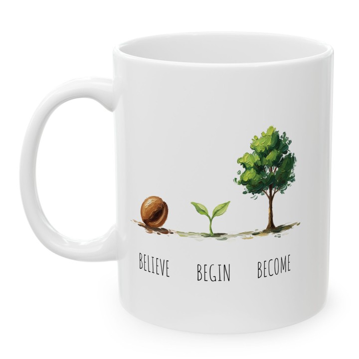Kubek z nadrukiem „BELIEVE BEGIN BECOME” – minimalistyczny motyw wzrostu na prezent