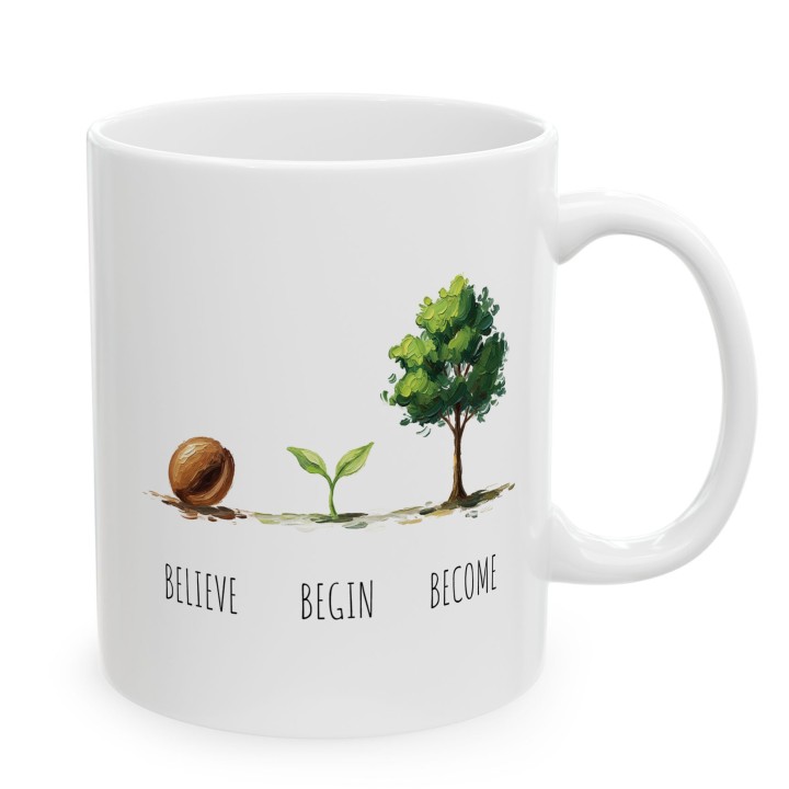 Kubek z nadrukiem „BELIEVE BEGIN BECOME” – minimalistyczny motyw wzrostu na prezent