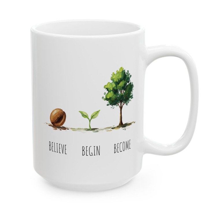 Kubek z nadrukiem „BELIEVE BEGIN BECOME” – minimalistyczny motyw wzrostu na prezent