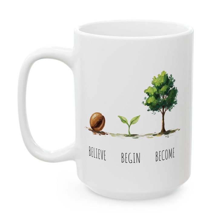 Kubek z nadrukiem „BELIEVE BEGIN BECOME” – minimalistyczny motyw wzrostu na prezent