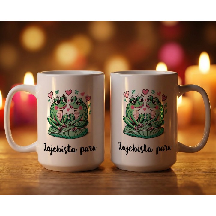 Kubek z nadrukiem „Żajebista para” – żabki i serduszka, prezent dla par