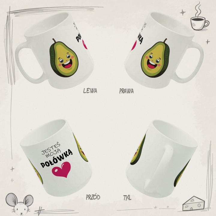Kubek z nadrukiem „Jesteś moją połówką” – awokado i serce, prezent dla par