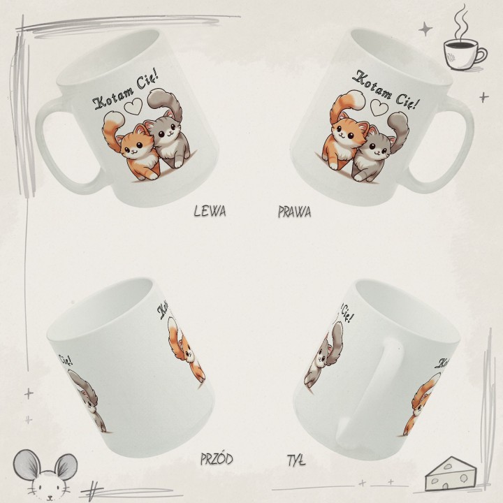 Kubek z nadrukiem „Kotam Cię!” – zakochane kotki, prezent na walentynki dla par