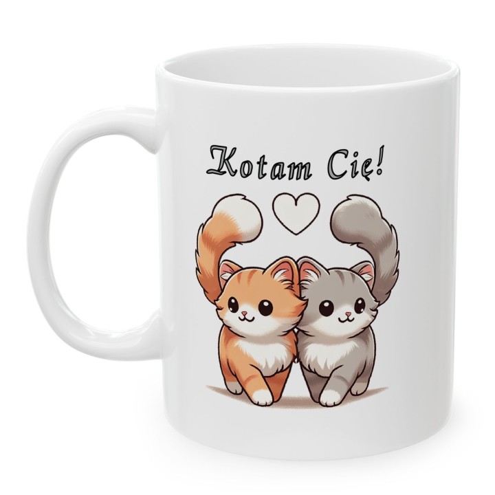 Kubek z nadrukiem „Kotam Cię!” – zakochane kotki, prezent na walentynki dla par