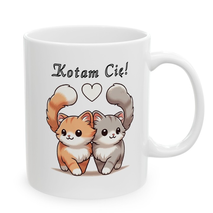Kubek z nadrukiem „Kotam Cię!” – zakochane kotki, prezent na walentynki dla par